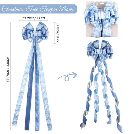 Dusty Blue and Silver Christmas Tree Topper Bows 13 x 53 Inch Large Christmas Bows with Streamer and Snowflake Patterns Decorative Bows for Xmas Tree Wreaths Door Staircase Home Decor