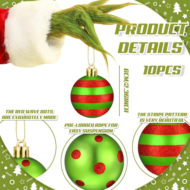 Syhood 20 Pcs Christmas Ball Ornaments Lime Green Red Christmas Ornament 2.36 Inch Glittering Hanging Xmas Balls Christmas Dot Stripe Tree Decoration Ornament for Tree Home Indoor Decor