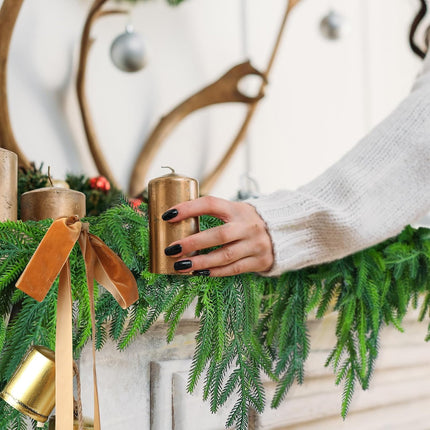 1 Pcs Norfolk Pine Garland with 1 Pc Khaki Velvet Ribbon 3 Pcs Rustic Iron Wrought Bell for Christmas Home Decor(15 Ft)