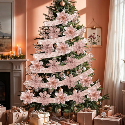 24 Pcs Rose Gold Christmas Tree Decorations Kit Poinsettias Artificial Christmas Flowers Decorations Set Christmas Ribbon Garland for Christmas Tree