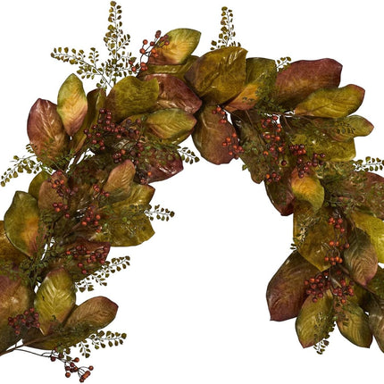 Nearly Natural 6ft. Autumn Magnolia Leaf and Berries Artificial Garland