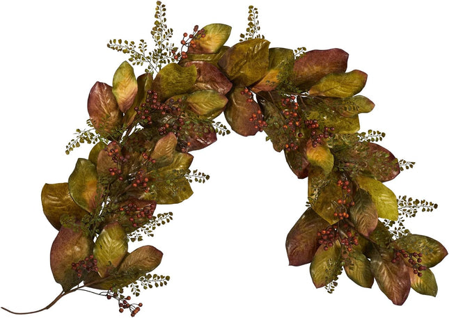 Nearly Natural 6ft. Autumn Magnolia Leaf and Berries Artificial Garland