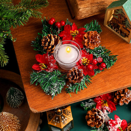 4 Pcs 7 Inch Christmas Poinsettia Candle Holder Red Berries Snowy Pine Needles Candle Rings Xmas Wreath Candle Holder Centerpiece with 4 Pcs Candle Holders Glass for Xmas Home Party Table Decor