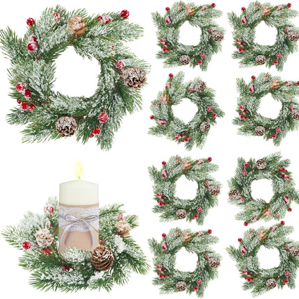 8pcs Christmas Candle Rings Wreaths, 3.1" Artificial Red Berries Candle Rings with Snowy Pine Needles Cones Mini Wreaths for Christmas Table Centerpiece Pillar Cabinets Decorations