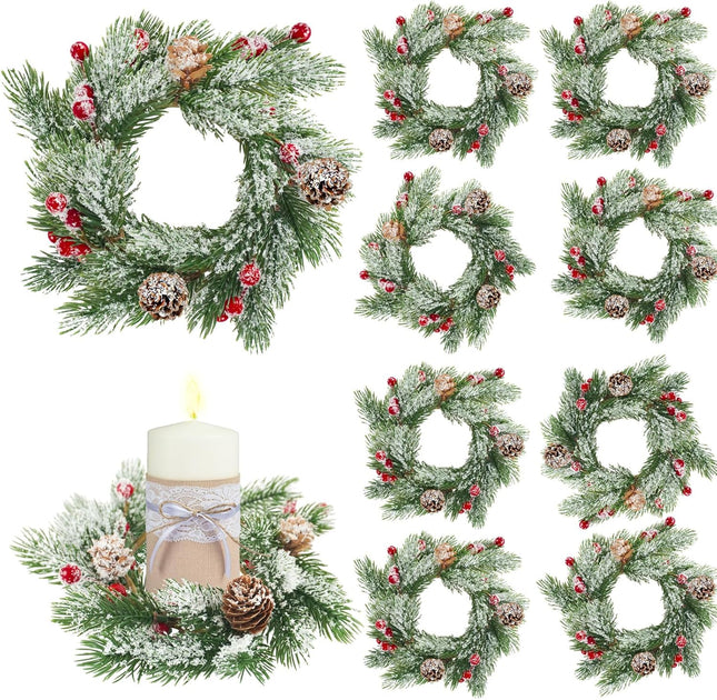 8pcs Christmas Candle Rings Wreaths, 3.1" Artificial Red Berries Candle Rings with Snowy Pine Needles Cones Mini Wreaths for Christmas Table Centerpiece Pillar Cabinets Decorations