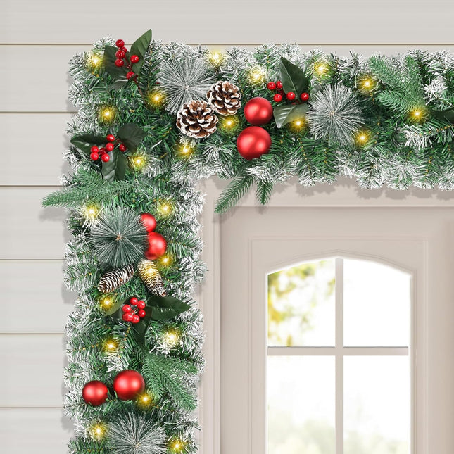 TechKen 9 FT Christmas Garland with Lights, Artificial Prelit Pine Cones Garland with Red Berries Indoor Outdoor for Christmas Stairs Railing Fireplace Front Door Decor