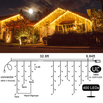 Icicle Christmas Lights Outdoor, 33ft 400 LED Christmas Lights 8 Modes Waterproof with 75 Drops, Plug in Twinkle Fairy String Lights for House Indoor Party Holiday Wedding Decoration, Warm White