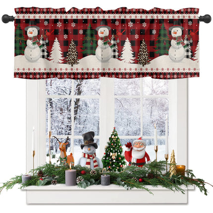 Christmas Snowman Curtain Valances for Windows Living Room, Winter Snowflake Xmas Tree Curtain Toppers and Valances for Bedroom, Bird Red Black Plaid Rod Pocket Kitchen Curtains Valances 54"x18"