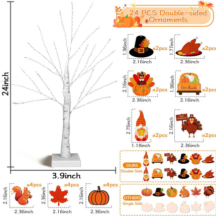 [Timer] Thanksgiving Birch Tree Lights, 24" Lighted Birch Tree with 24 PCS Fall & Thanksgiving Hanging Ornaments, Battery Operated BirchTree Fall Thanksgiving Decorations Indoor Table Bedroom Home