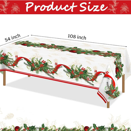 6 Pcs Christmas Plastic Disposable Tablecloth 108 x 54 Inch Holly Berry Ribbon Garland Table Cover Rectangle Christmas Party Table Cloth for Christmas Party Dining Table Supplies