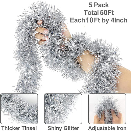TURNMEON 5 String Total 50 Ft Tinsel Christmas Garlands Decorations White Edge Metallic Streamers Xmas Tree Decorations Indoor Outdoor Home Xmas Party Supplies, Each 10 Ft by 4 Inch(Silver)