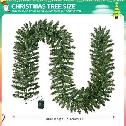 9 Ft Prelit Christmas Garland Artificial Xmas Garland Chritmas Tinsel Pine Garland Decoration with 50LED Warm Lights and Timer Xmas Garlands for Home Garden Holiday Indoor Outdoor Decor