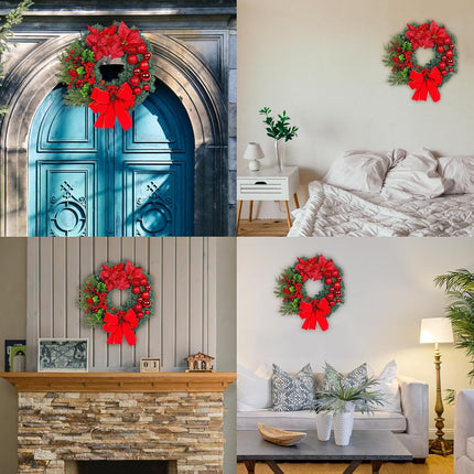 Artificial Christmas Wreath for Front Door, Christmas Door Decorations Wreaths, with Christmas Balls, Bow, Xmas Wreaths Decor Outdoor Christmas Wreaths (Red)
