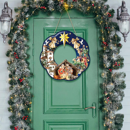 Holy Family Wreath Decorations Christmas Front Door Wreaths Sign Wooden Nativity Scene Wreath Religious Nativity Scene Door Decoration for Xmas Home Window Wall Decor(Holy Family)