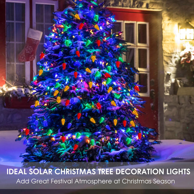 Solar Powered Christmas Lights for Outside, Solar Outdoor Xmas Lights Waterproof with 100 Count C6 Multicolored Strawberry LED String Lights for Christmas Trees House Holiday Yard Fence Decorations