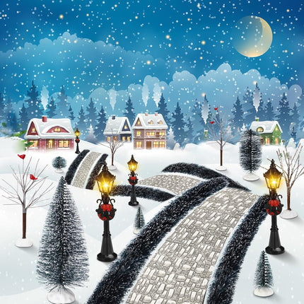 Hotop 18 Pcs Christmas Village Set Mini Snow Covered Christmas Trees Street Lights Christmas Village Accessories for Table Display Winter Decor Holiday Outdoor DIY Crafts(Joyous)