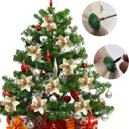 RECUTMS Christmas Tree Ornaments 10Pcs Glitter Poinsettia,Artificial Poinsettia Flowers Xmas Tree Ornaments 6" Wide for Xmas Tree Wreaths Garland Holiday Seasonal Wedding Decorations(Gold)