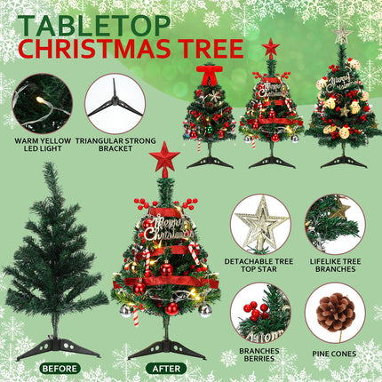 Liliful 3 Pcs Desktop Mini Christmas Tree Small Artificial Christmas Trees with LED Lights and Ornaments 18/20/ 22 Inch Tabletop Xmas Tree for DIY Christmas Decorations