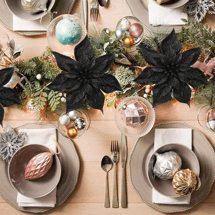 Briful 9'' Poinsettia Christmas Flowers 8PCS Black Glitter Floral Picks Large Xmas Ornament Flowers for Home Xmas Tree Wreath Garland Indoor Outdoor Decoration
