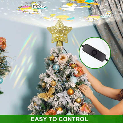 Christmas Tree Topper Lighted Star with 4 Pattern Projection Modes, Tree Topper Christmas Decorations Built-in LED Projection Light, 3D Hollow Gold Star Tree Toppers for Christmas Tree Decorations
