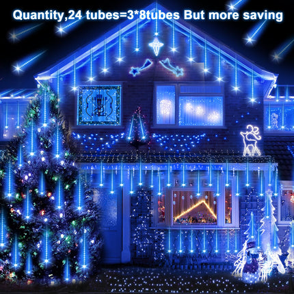 Christmas Lights Outdoor,24 Tubes 864 LED Meteor Shower Lights Outdoor 12Inch, Waterproof Icicle Lights Outdoor Christmas Decorations for Xmas Tree Yard Party, UL Plug, Blue