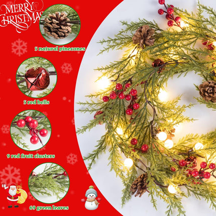 Quntis Christmas Garland with 20 Globe Lights, 2 Pack 5.7FT Artificial Red Berry Garland Christmas Decorations PineCones Bells, Lighted Garland for Mantel Door Fireplace Table Holiday Indoor Outdoor