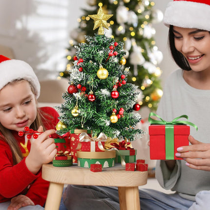 Mini Christmas Tree with LED Lights, 24 Inch Tabletop Christmas Tree with Berries Star Treetop Ornaments Balls Artificial Small XMS Tree for Table Desk Home Christmas Holiday Decor