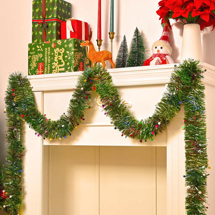 Christmas Garland Decorations-14.7 FT Christmas Garland with Lights, Fluffy Soft Tinsel Lighted Green Garland for Mantle, Christmas Tree Greenery Garland Decor Outdoor Indoor