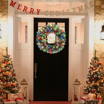 24 Inch Christmas Wreath with 50 LED Lights, Artificial Christmas Wreath for Front Door with Pine Cones Berry 8 Modes Battery Operated Christmas Wreath for Windows Fireplace Outdoor Xmas Decor