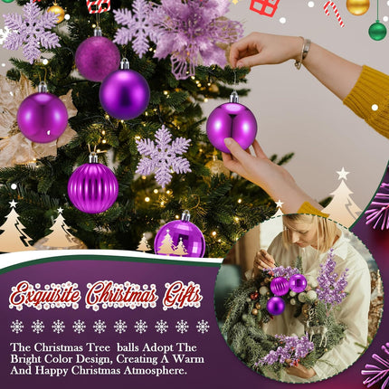Ceenna 132 Pcs Christmas Tree Ornaments Set Glitter Poinsettia Flowers 2.36 inch Christmas Balls Snowflakes Decorations Artificial Berry Picks for Xmas Tree Wreath, Hooks Included (Purple,Lovely)