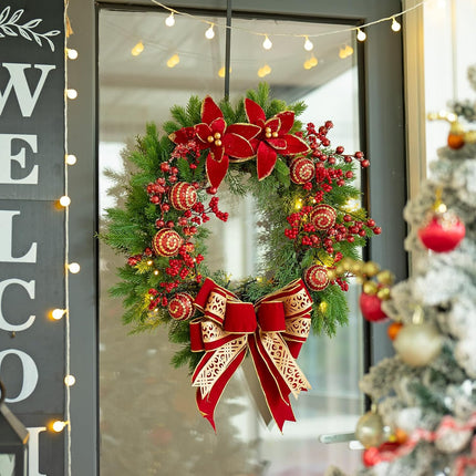Christmas Wreaths for Front Door, Soomeir Winter Wreath with Large Red Bow, Red Berries and Christmas Balls, for Wall Windows Mantle Outdoor Christmas Decoration