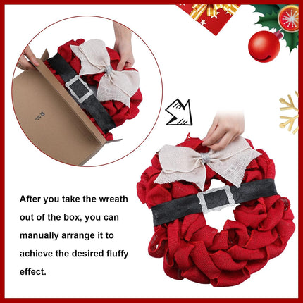 Riceshoot Santa Wreath 15.7 Inch Christmas Front Door Wreath Decoration Red Burlap Wreath Black Belt Silver Buckle Holiday Wreath for Christmas Indoor Outdoor Home Office Wall Wedding Holiday Party