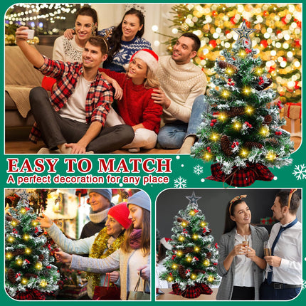 2 Pcs 2FT Mini Christmas Trees with Lights Artificial Christmas Trees Tabletop with Berries Pine Cones Hanging Ornaments Red Lattice Cloth Base Holiday Party Xmas Decorations, Sliver