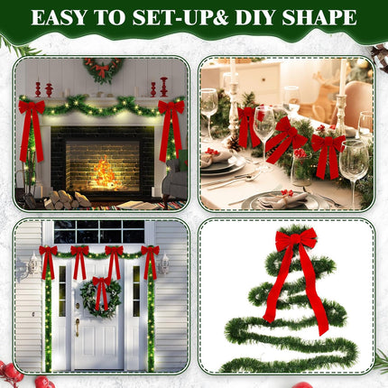 Riceshoot 50 Feet Christmas Garland with Lights and Large Red Bows Christmas Fence Decoration Artificial Xmas Garland with 8 Pcs 28 x 10 Inch Red Velvet Bows for Outdoor Garden Fence Door (Classic)