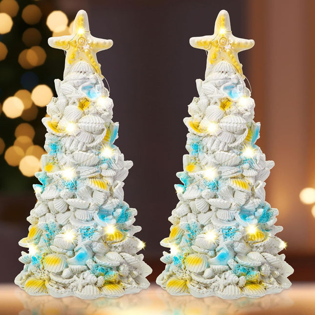 Tioncy 2 Pcs 11.8 Inch Seashell Christmas Tree Resin Seashell Christmas Tree Handmade Crafts with 2 Pcs LED String Light DIY Beach Xmas Decorations s for Table Party Supplies