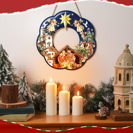 Holy Family Wreath Decorations Christmas Front Door Wreaths Sign Wooden Nativity Scene Wreath Religious Nativity Scene Door Decoration for Xmas Home Window Wall Decor(Holy Family)
