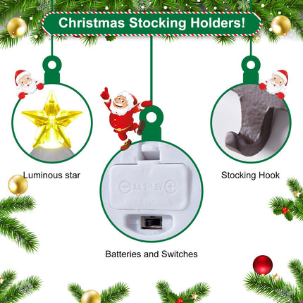 Christmas Ceramic Tree Stocking Holders with LED Lights - 4 Pack Green and White Christmas Tree Stocking Hangers for Mantle, Fireplace, Window Decoration