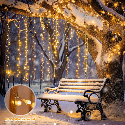 Brightown Cluster Icicle Lights Outdoor, 10FT2.5FT 480 LED Curtain Lights with 12 Mode, Icicle String Lights with Timer, Waterproof Firecracker Christmas Lights Outdoor for Bedroom Indoor, Warm White