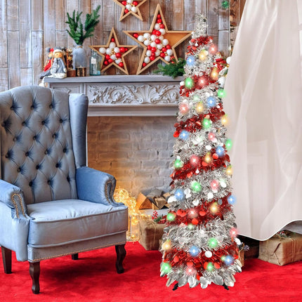 5FT Christmas Trees with 90 Lights, Collapsible Artificial Sequin Pop Up Christmas Tree, Tinsel Slim Pencil Christmas Tree for Home Holiday Fireplace Party Indoor Outdoor Xmas Decorations (Sliver&Red)