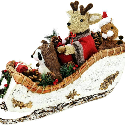 Nature Vibe 12.2 Inches Birch Logs Christmas Sleigh Decor,Sisal Woodland Animals Figurines in Sleigh Car with Box and Santa Sack as Christmas Table Decor, Fireplace Decor