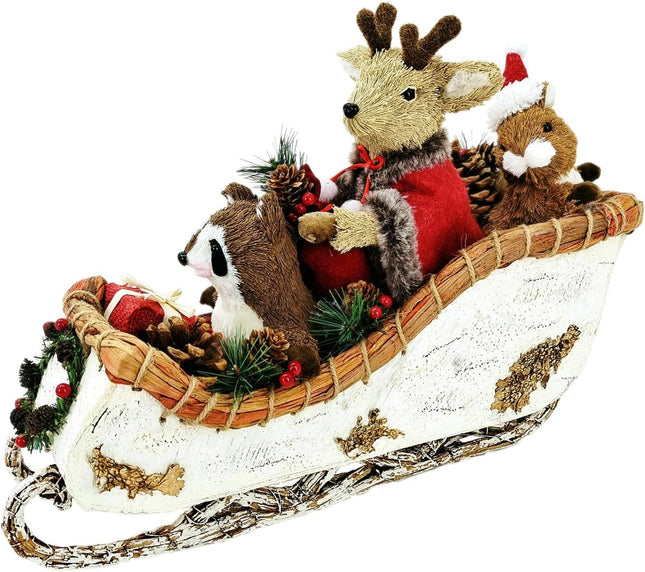 Nature Vibe 12.2 Inches Birch Logs Christmas Sleigh Decor,Sisal Woodland Animals Figurines in Sleigh Car with Box and Santa Sack as Christmas Table Decor, Fireplace Decor