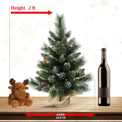 Pre-lit Artificial Mini Christmas Tree, 2ft Snow Tipped Pine Artificial Christmas Tree, Includes 30 Led Warm Lights, Seasonal Indoor Home Decor with Decorative Burlap Base