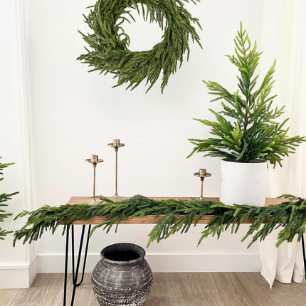 Real Touch Norfolk Pine Christmas Garland and Wreath Set, 24IN Green Wreath and Christmas Garland Artificial Faux Greenery Norfolk Pine for Holiday Indoor Mantle Decor (6FT - 24IN)