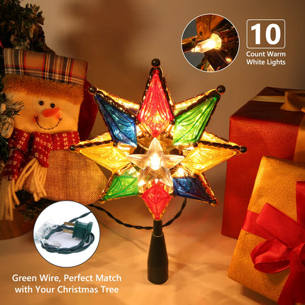 Brizled Christmas Star Tree Topper, 8" Lighted Double-Sided Christmas Tree Topper, 8-Point Multi Color Xmas Tree Topper with 10 Warm Lights, 120V UL Tree Star for Christmas Tree Party Home
