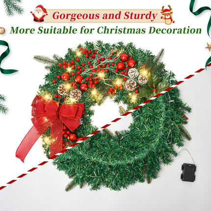 Prelit Christmas Wreath with 50 LED Lights, Large 24In Christmas Wreath for Front Door Wreaths with Berries, Pine Cones, Big Bowtie Pine Branch for Door Fireplace Window Mantle Christmas Decoration