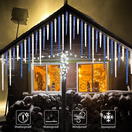 Meteor Shower Lights, 16.5" Outdoor Icicle Christmas Lights 10 Icicles 242 SMD LED Crystal Ice Falling Lights, Connectable Raindrop Icicle Light, Xmas Winter Party Tree Decor, Blue and White