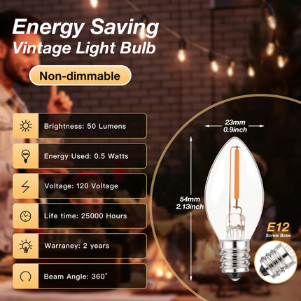 C7 LED E12 Candelabra Bulb Small Edison Candle Night Light Bulbs Salt Lamp Bulbs 0.5W Equivalent 5W 7W Warm White 2700K Clear Bulbs for Chandelier Christmas Light 50 Lumens Non-Dimmable, 6-Pack