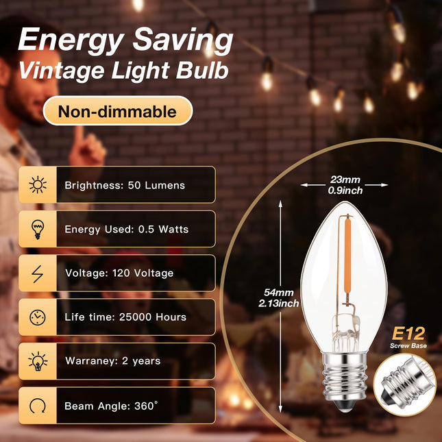 C7 LED E12 Candelabra Bulb Small Edison Candle Night Light Bulbs Salt Lamp Bulbs 0.5W Equivalent 5W 7W Warm White 2700K Clear Bulbs for Chandelier Christmas Light 50 Lumens Non-Dimmable, 6-Pack