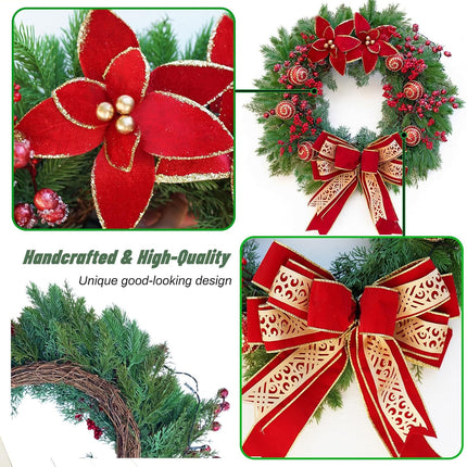 Christmas Wreaths for Front Door, Soomeir Winter Wreath with Large Red Bow, Red Berries and Christmas Balls, for Wall Windows Mantle Outdoor Christmas Decoration