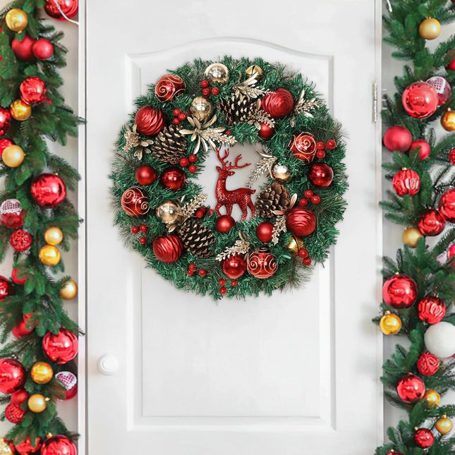 Christmas Wreath - 16'' Christmas Wreaths for Front Door with Lights Red Christmas Reindeer Balls Berries Pine Cones Pine Needles Door Wreath for Home Wall Window Porch Indoor Outdoor Decor